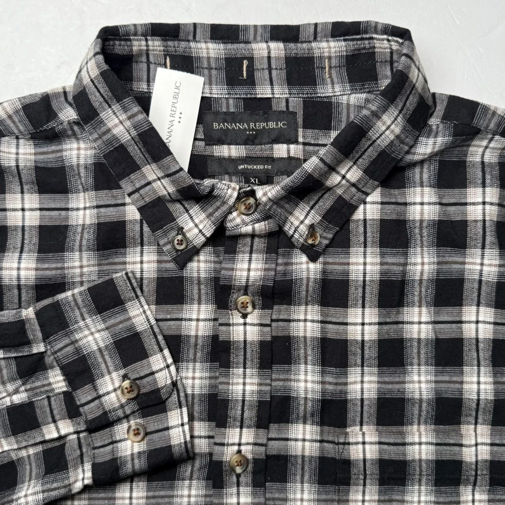 Banana Republic Flannel Shirt Mens XL Black White Plaid Slim Untucked Fit NEW